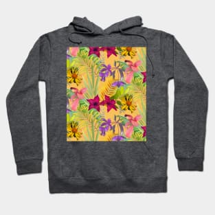 Elegant tropical flowers and leaves pattern purple illustration, yellow tropical pattern over a Hoodie